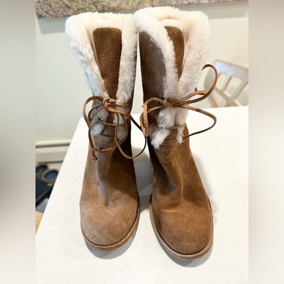 UGG Jerene Shearling Suede tan heeled tie up Boots 7 - Picture 3 of 10